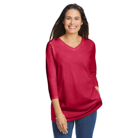 Woman Within Plus Size Perfect Three-Quarter Sleeve V-Neck Tee (Petite Available)