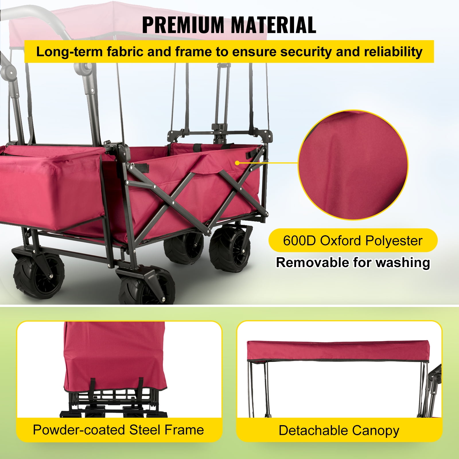 VEVOR Collapsible Wagon Cart with Removable Canopy, Foldable Utility Wagon, 600D Oxford Polyester & Steel Frame, 220.5 lbs, 39 x 21.4 x 39 in, Red