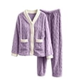 thumbnail image 2 of PNTUTB Women's Fleece Soft Warm Pajama Set Contrast V-neck Button Long Sleeve Pockets Top and Pant Fall Winter Loungewear Set, 2 of 7