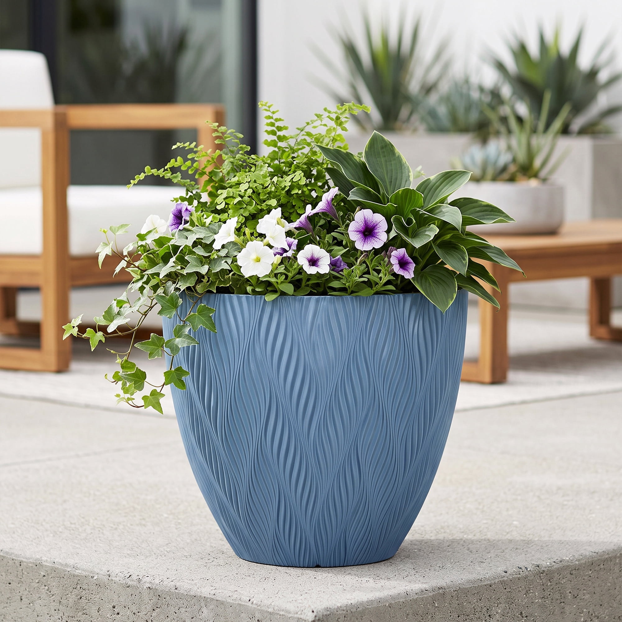 Mainstays River Round Recycled Resin Planter, Blue Paradise, 12 in x 12 in x 10.4 in