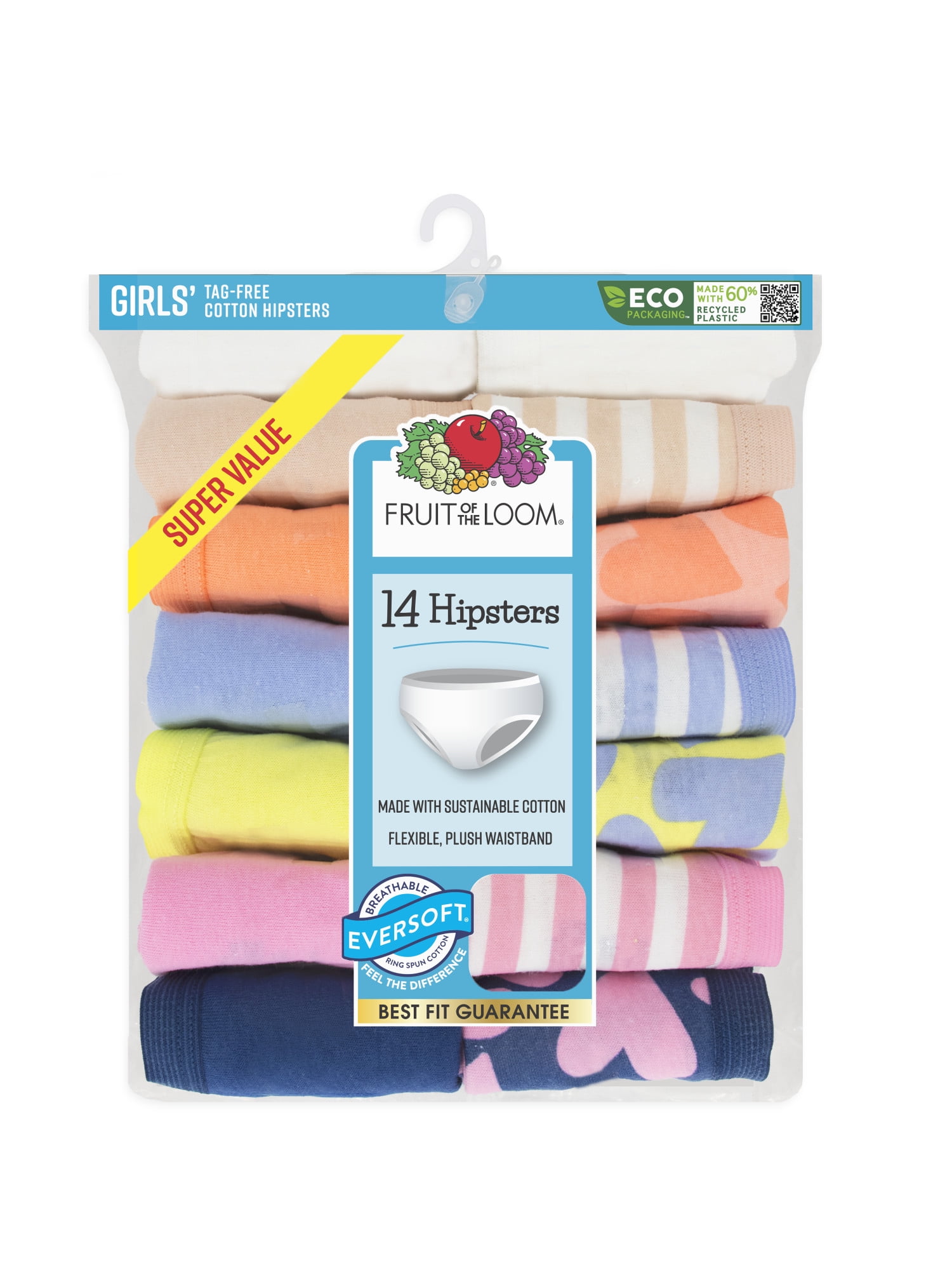 Fruit of the Loom Girls' Eversoft Hipster Underwear, 14 Pack, Sizes 4-14