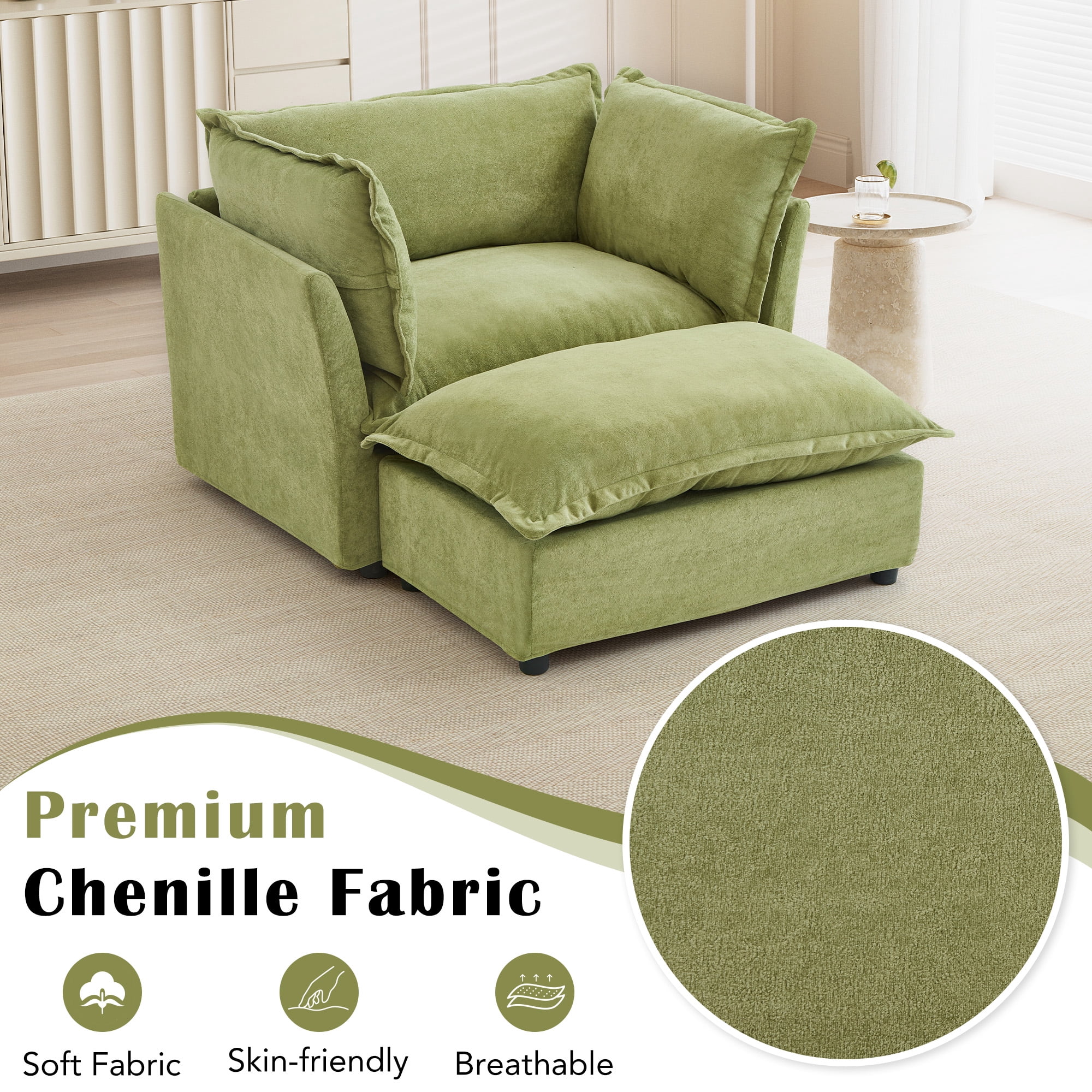 45.2" Armchair Sofa Cozy Upholstered Sofa Chair with Ottoman, 39" Wide Seat and 2 Pillows