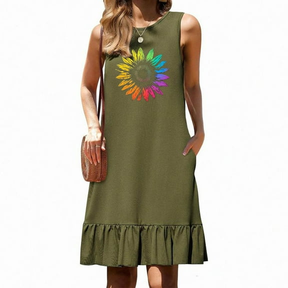 Xixinqiwan No Boundaries Women Dresses Clearance under $5,Women's Floral Print Round Neck Sleeveless Pocket Pleated Hemline Patchwork Dress Army Green XXL