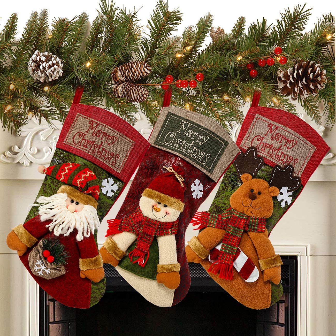 TINGOR Set of 3 18" Christmas Stocking Classic Personalized Large Stockings Santa, Snowman 