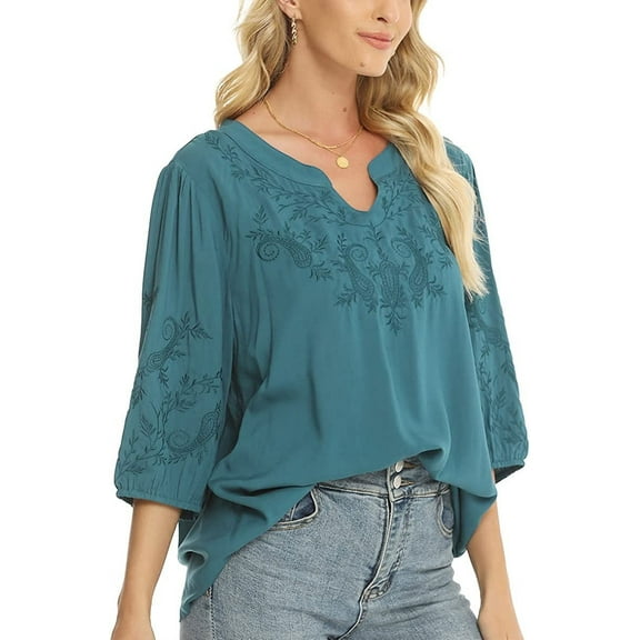 3/4 Sleeve Tops for Women Mexican Embroidered Tops Peasant Blouse Boho Round Neck Shirts Bohemian Casual Tunic