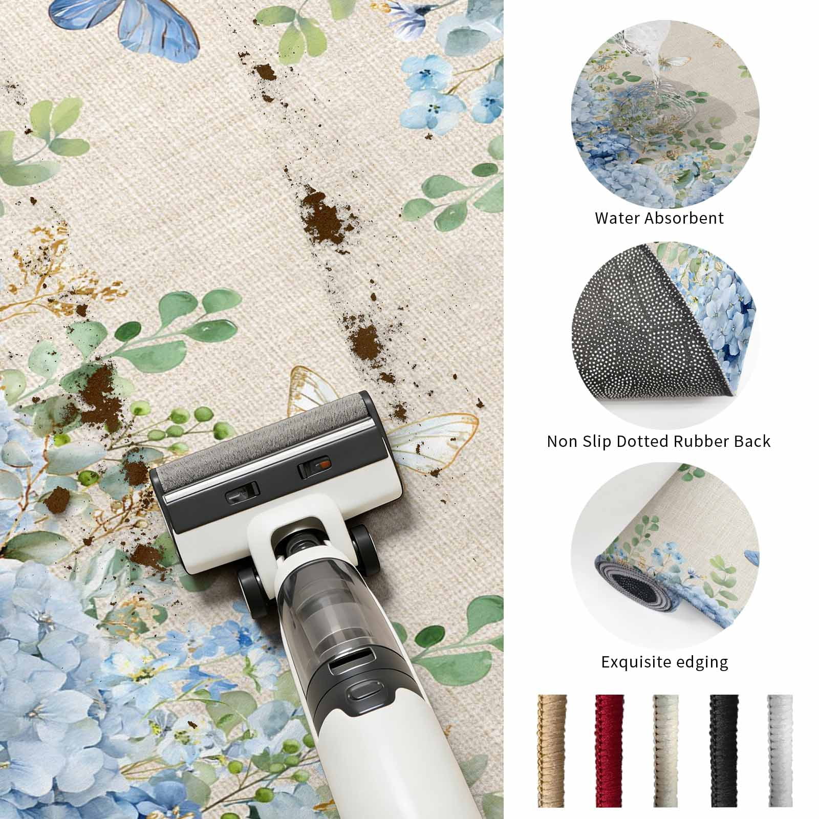 Round Rugs 3 Ft, Blue Hydrangea Non Slip Area Rugs for Kitchen Bedroom Entryway, Spring Summer Eucalyptus Vintage Beige Washable Carpet Runner Rug Floor Mats for Bedroom Home Decor