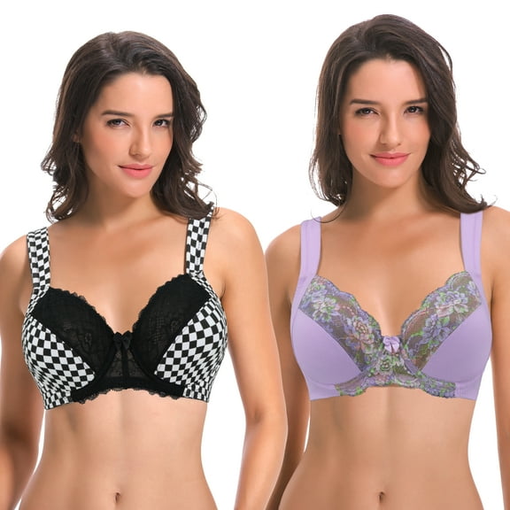 Curve Muse Women's Plus Size Unlined Underwire Lace Bra with Cushion Straps-2PK-BLACK/WHITE,LAVENDER-34B