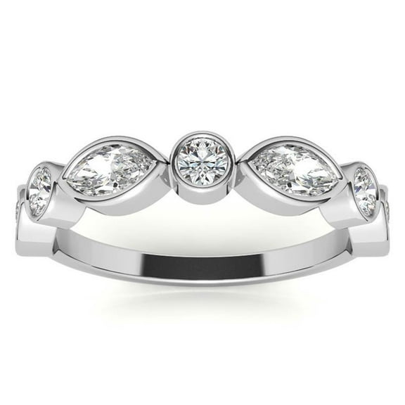 Bezel Set Marquise and Round Moissanite in White Gold Plated Ring for Women