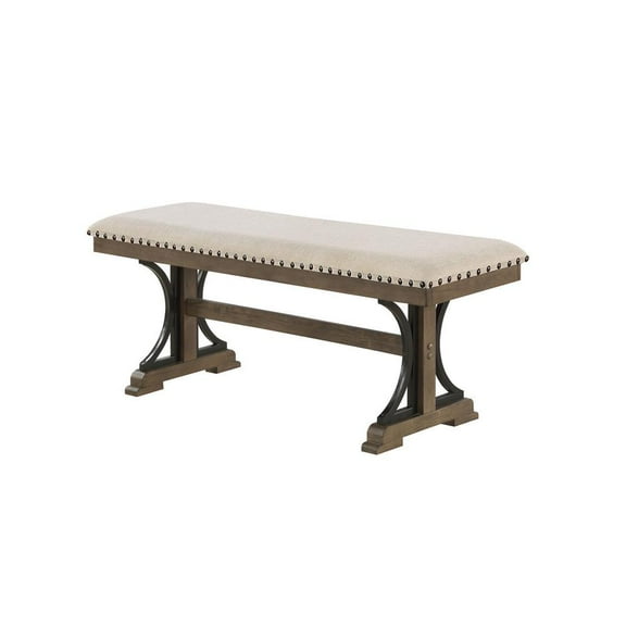 Beige Linen Brown Oak MDF Wood Dining Bench with Nailhead Trim