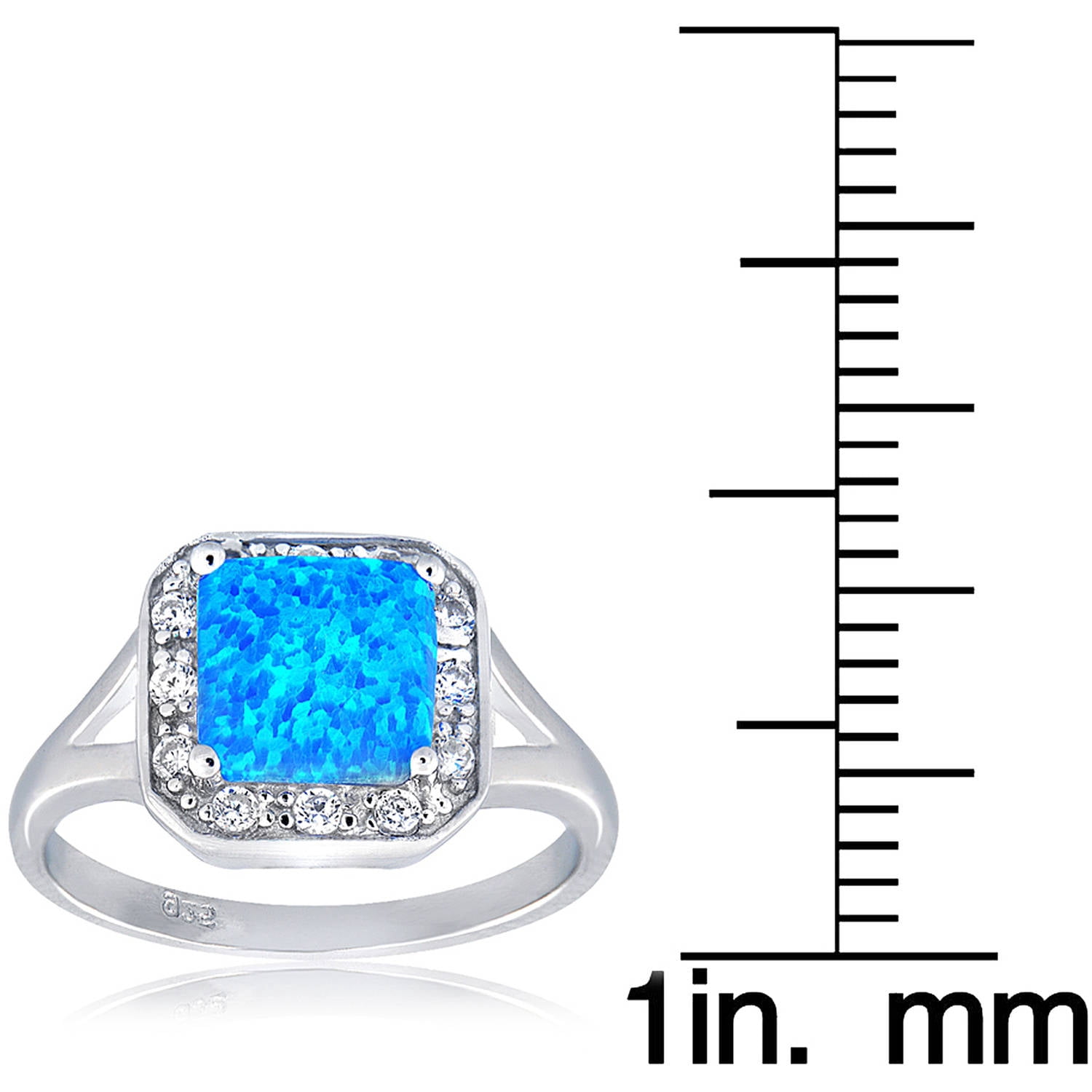 Created Blue Opal and CZ Sterling Silver Square Ring