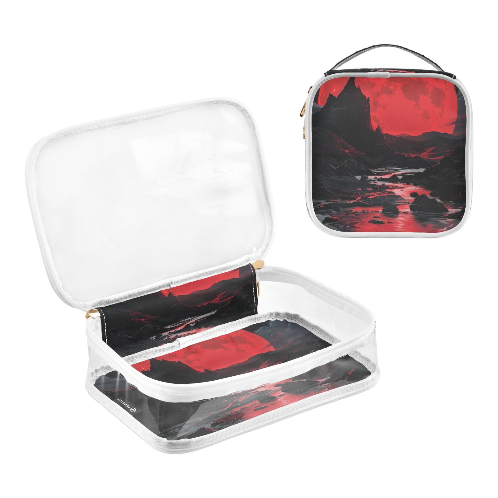 Clear Makeup Bags with Handle Large Opening 2 Pack Set Toiletry Bag Quart Size Bag, for Women Man Traveling Travel Essentials, Toiletries and Other. Red Moon Wild
