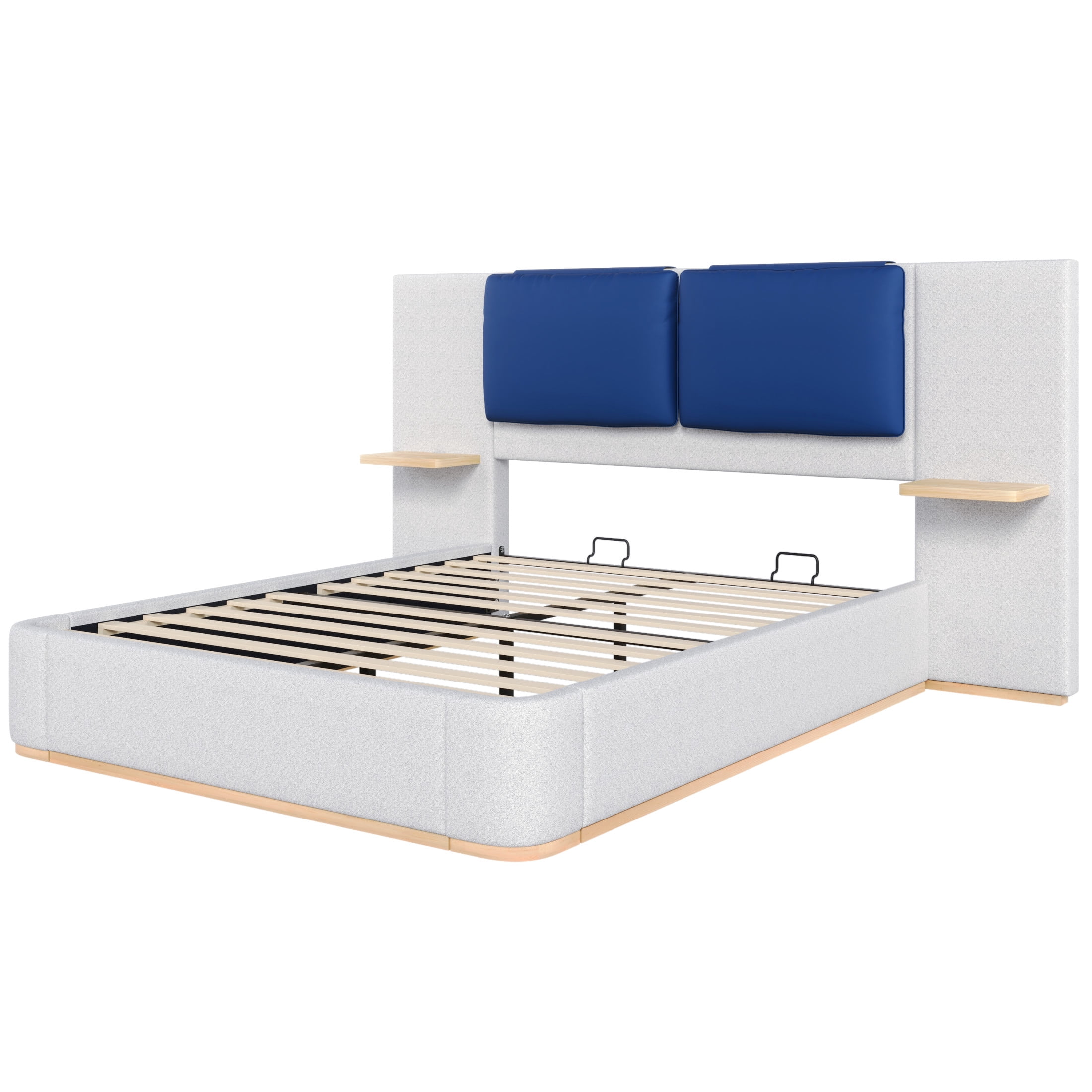 Christopher Knight Home Queen Upholstered Platform Bed Frame with PU Cushioned Headboard, Grey+Blue
