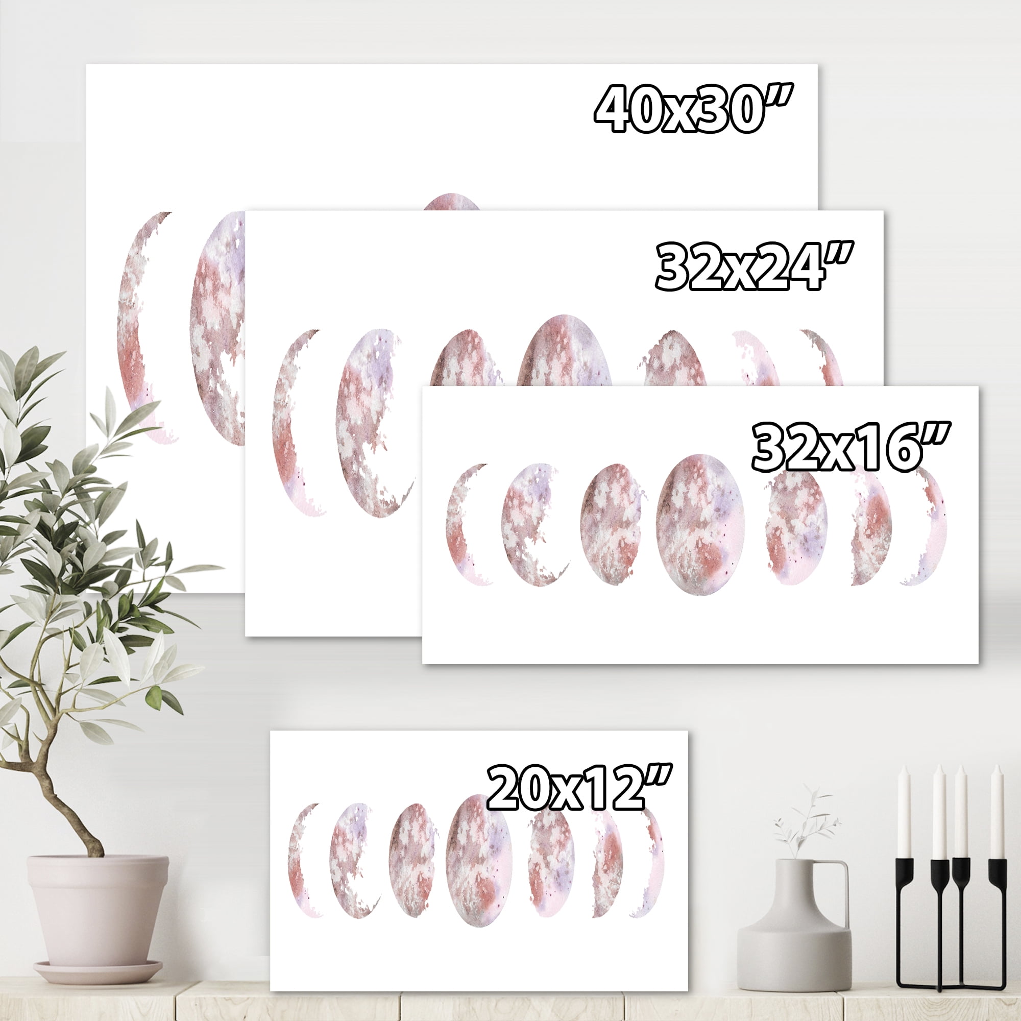 Moon Phases On White 32 in x 24 in Painting Canvas Art Print, by Designart