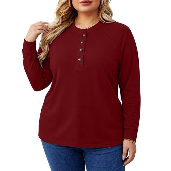 LEKWK Plus Size Tops for Women Long Sleeve Crew Neck Henley Shirts Fall Winter Relaxed Fit Workout Tops Gym Running Activewear,Size L-5XL