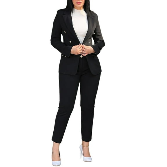 2 Pcs/Set Lady Formal Coat Pants Set Turn-down Collar Double-breasted Long Sleeves Jacket Slim Fit Pure Color Trousers Casual Daily Wear Commuting Outfit