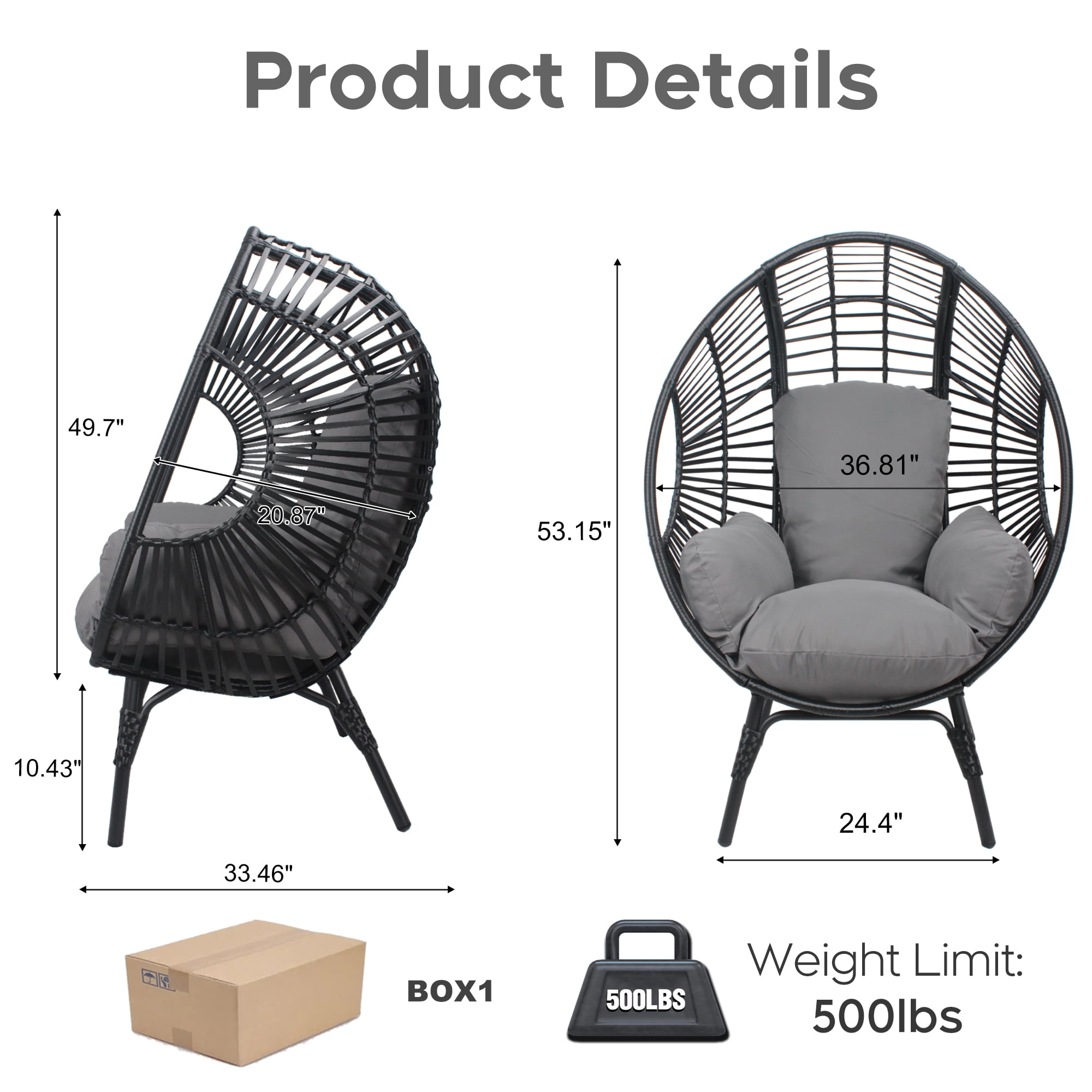 Leumius Outdoor Egg Chairs,Oversized Outdoor Patio Wicker Egg Shell Lounger Lawn Chair with Cushion for Indoor Porch Balcony Backyard,Black+ Gray