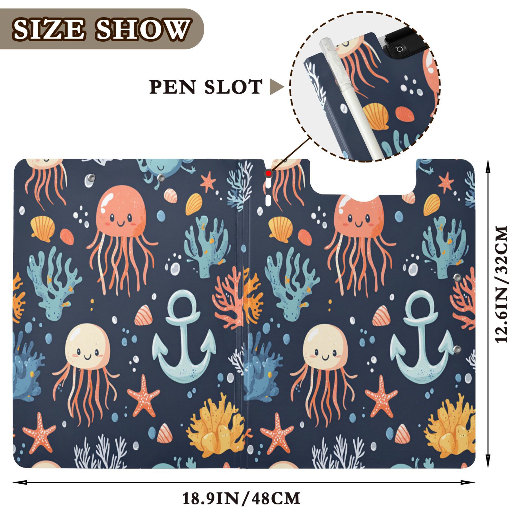 FORMRS A4 Clipboard Folder with Pen Holder Horizontal Foldable School Office Binder, Red Jellyfish