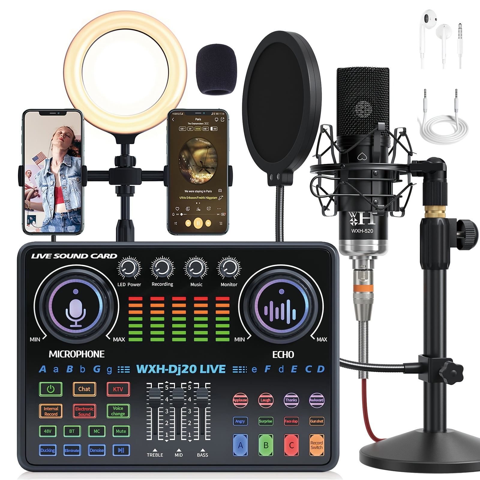 WXH520 Podcast Microphone With Voice Changer, DJ20 Sound Card With Audio Interface, Podcast Equipment Bundle, Adjustable Stand, Suitable For Podcasting, PC, Smart Phone, Singing, Gaming