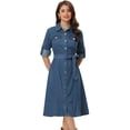 thumbnail image 1 of Vestido Camisero de Mezclilla para Mujer con Botones de Manga Larga Vestido Vaquera con Cinturón Vestido Clásico Jean Azul S, 1 of 6