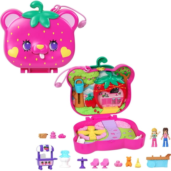 Polly Pocket Dolls and Playset, Fidget Exterior Travel Toy, Straw-beary Patch Compact & Accessories