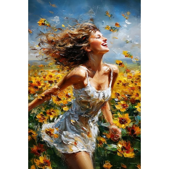 Joyful Woman in Sunflower Field Painting – Vibrant Impressionist Summer Wall Art 【Photo Paper】