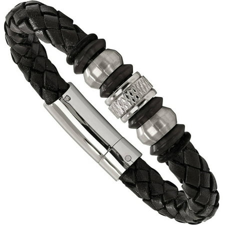 Primal Steel Stainless Steel Brushed/Polished Black Leather Black IP Black Rubber Bracelet