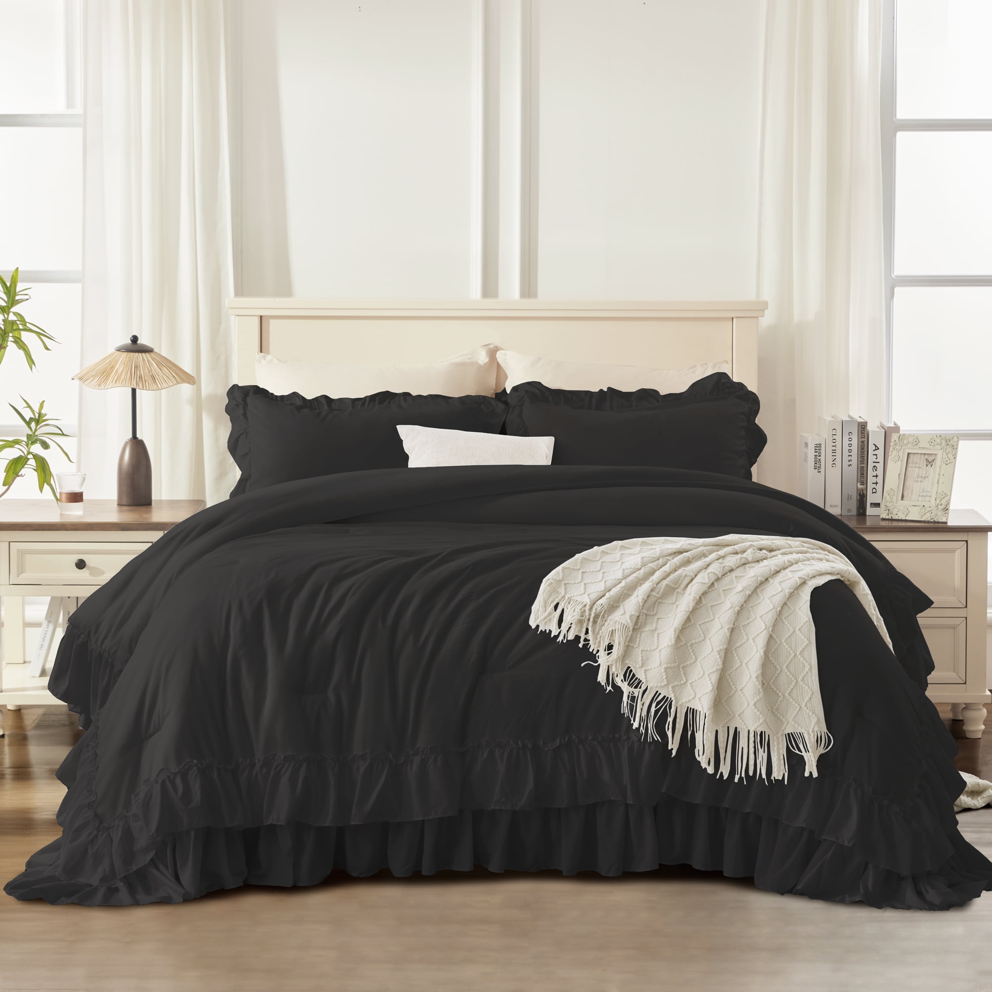 ANGENIA King Size Comforter Set Black, 3 Pieces Farmhouse Shabby Chic Ruffle Bedding, All Season Lightweight Fluffy Soft Bed Comforter Set