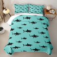 thumbnail image 2 of Manfei Cartoon Shark Bed Spread Queen, Sea Animal Queen Coverlet Set, Cyan Black, 3 Pieces, 1 Quilt and 2 Pillowcases, 2 of 7
