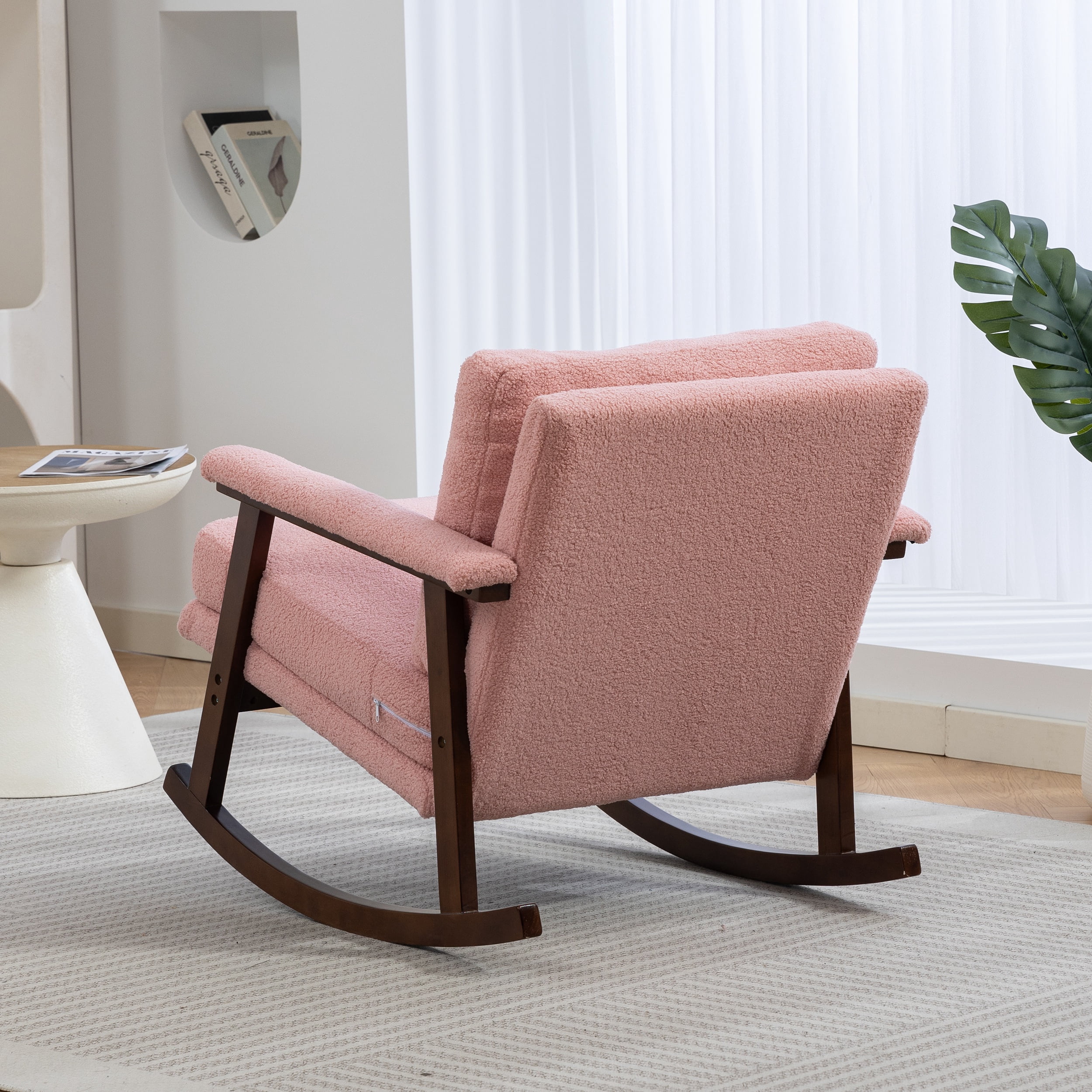 Paproos Rocking Chair, Paproos Velvet Upholstered Rocker Chair, Glider Rocker Accent Chair with Cushion, Rocking Chair for Nursery, Armchair Reading Chair for Living Room Bedroom, Pink