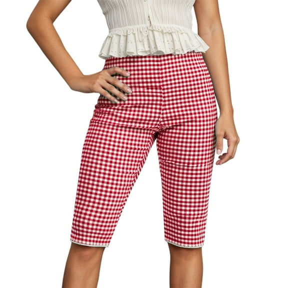 FYDUU Women Gingham Capris Leggings Casual Knee-Length Checkered Leggings Shorts Slim Fit Plaid Short Pants Soft Stretchy Cropped Trousers Athletic Joggers
