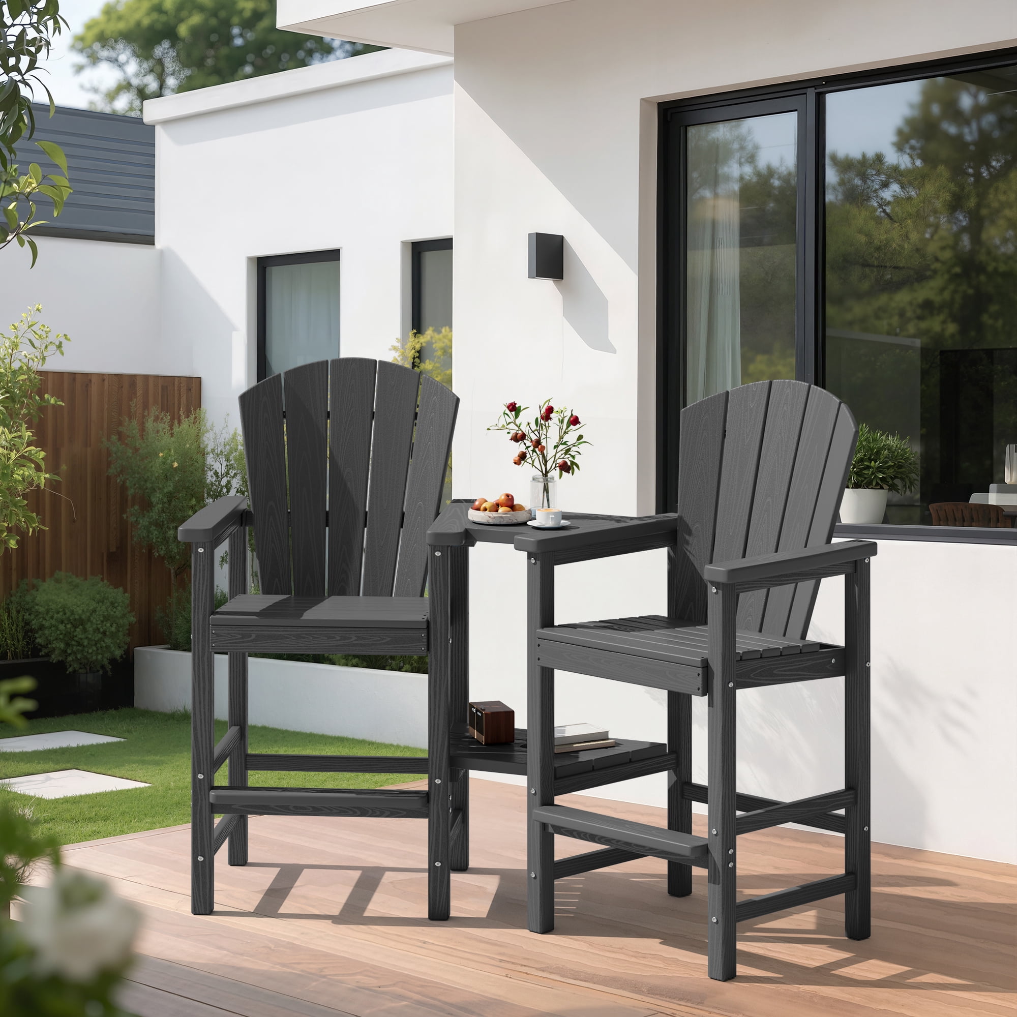 SERWALL Tall Adirondack Chairs Set of 4 with Double Layer Connecting Tray, HDPE Bar Height Outdoor Chairs, for Patio, Balcony, Porch, Pool, Gray