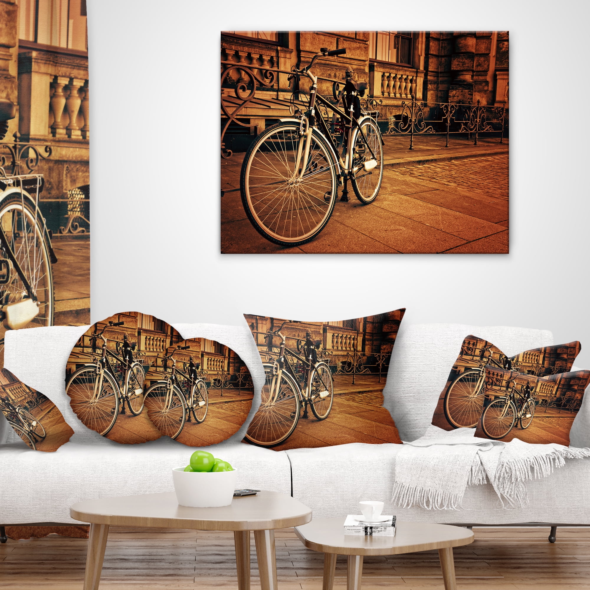 Designart Retro Bicycle against Stone Wall - Landscape Photography Throw Pillow - 16x16