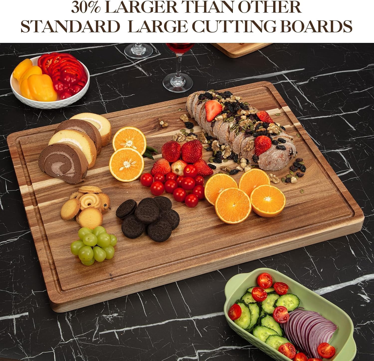 Acacia Wood Cutting Board with Juice Groove & Handles, Reversible Wooden Chopping Board, 1.2" Thick Wooden Chopping Boards for Meat, Vegetables, Cheese, Charcuterie Board,24"x18"
