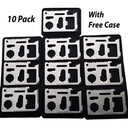 10 Pack 11-In-1 Credit Card Survival Tool With Case - Stainless Steel Multifunction Pocket Tools for Hunting, Camping, Fishing, Sports, Outdoor, Knife, Emergency, Gift, Etc - Fits Perfectly In