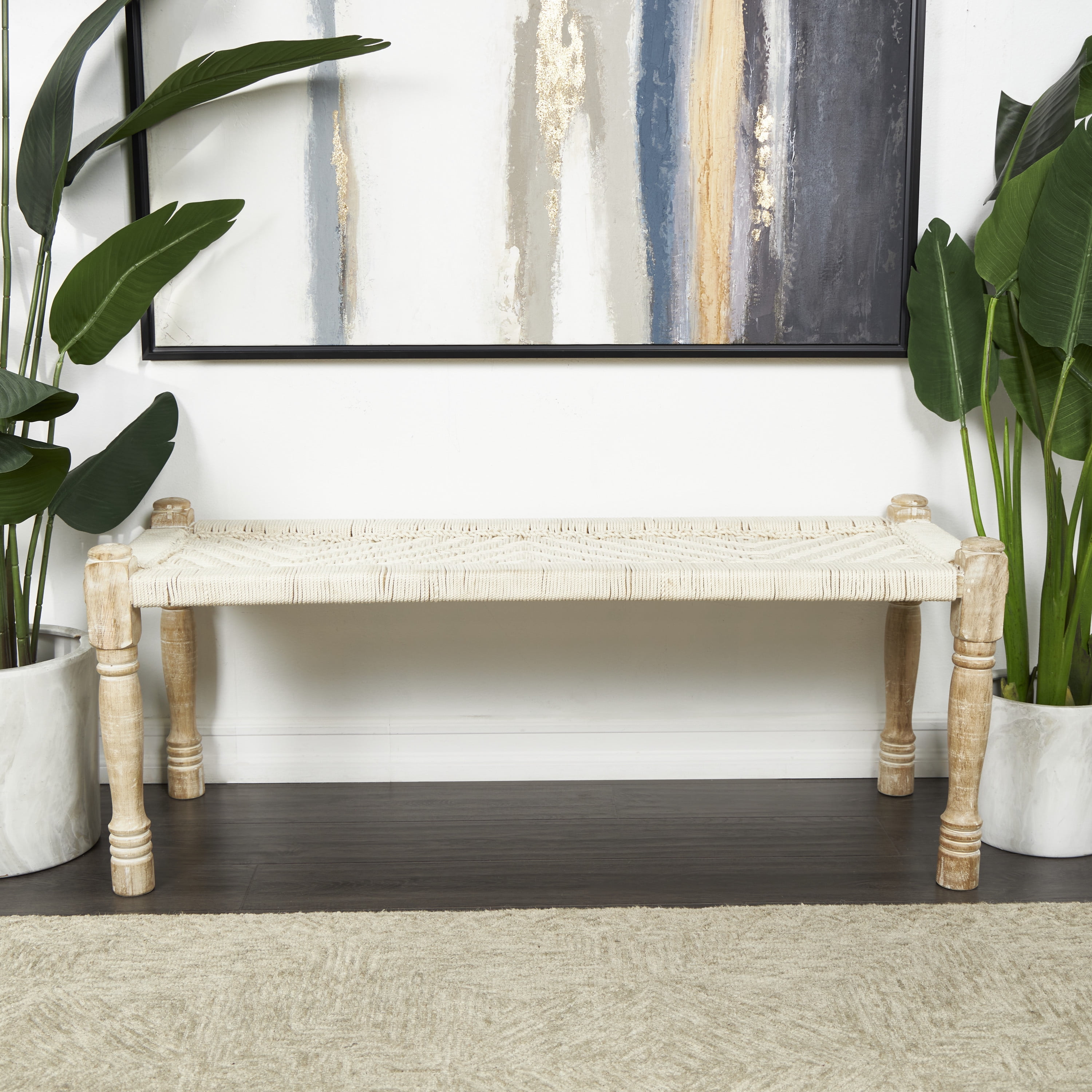 DecMode Cotton Handmade Woven Chevron Patterned Bench with Light Brown Mango Wood Legs, Beige