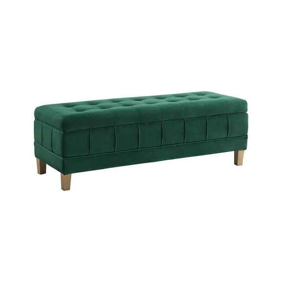 FurniFact Green Tufted Storage Ottoman Bench with Rubberwood Frame for Entryway