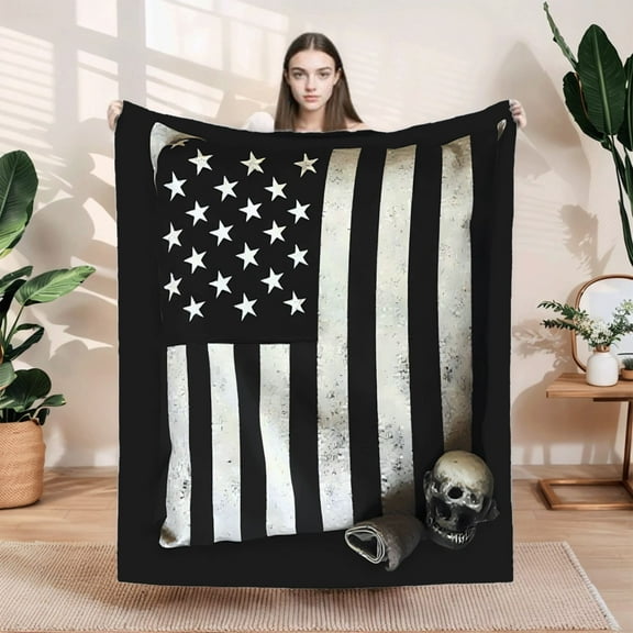 Durable Soft & Warm Flannel Blanket - Cozy Black & White Distressed American Flag Design for Sofa Travel Bed Chair