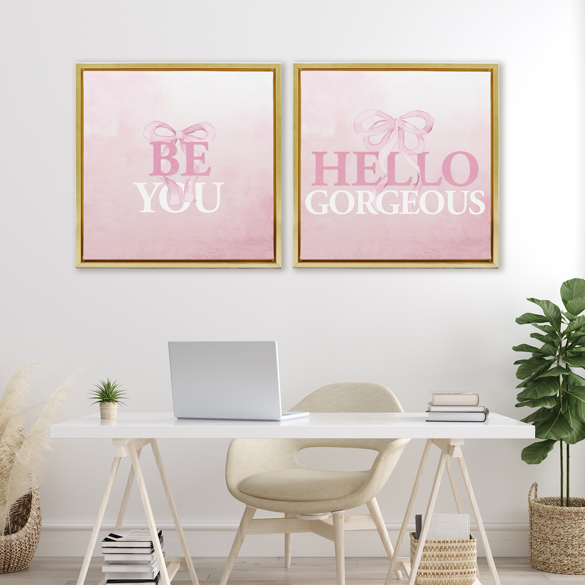 Pink Feminine Empowerments 2 Piece Gold Framed Floater Canvas Set, design by Kim Allen