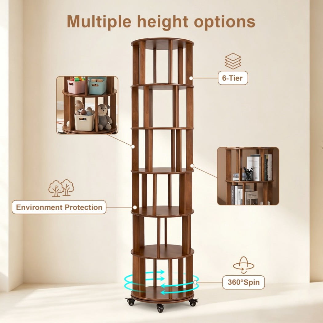 6-Tier Rotating Bookshelf, Solid Wood Spinning Bookcase Tower with Locking Wheels, 360° Display Round Bookshelf for Small Spaces, Walnut