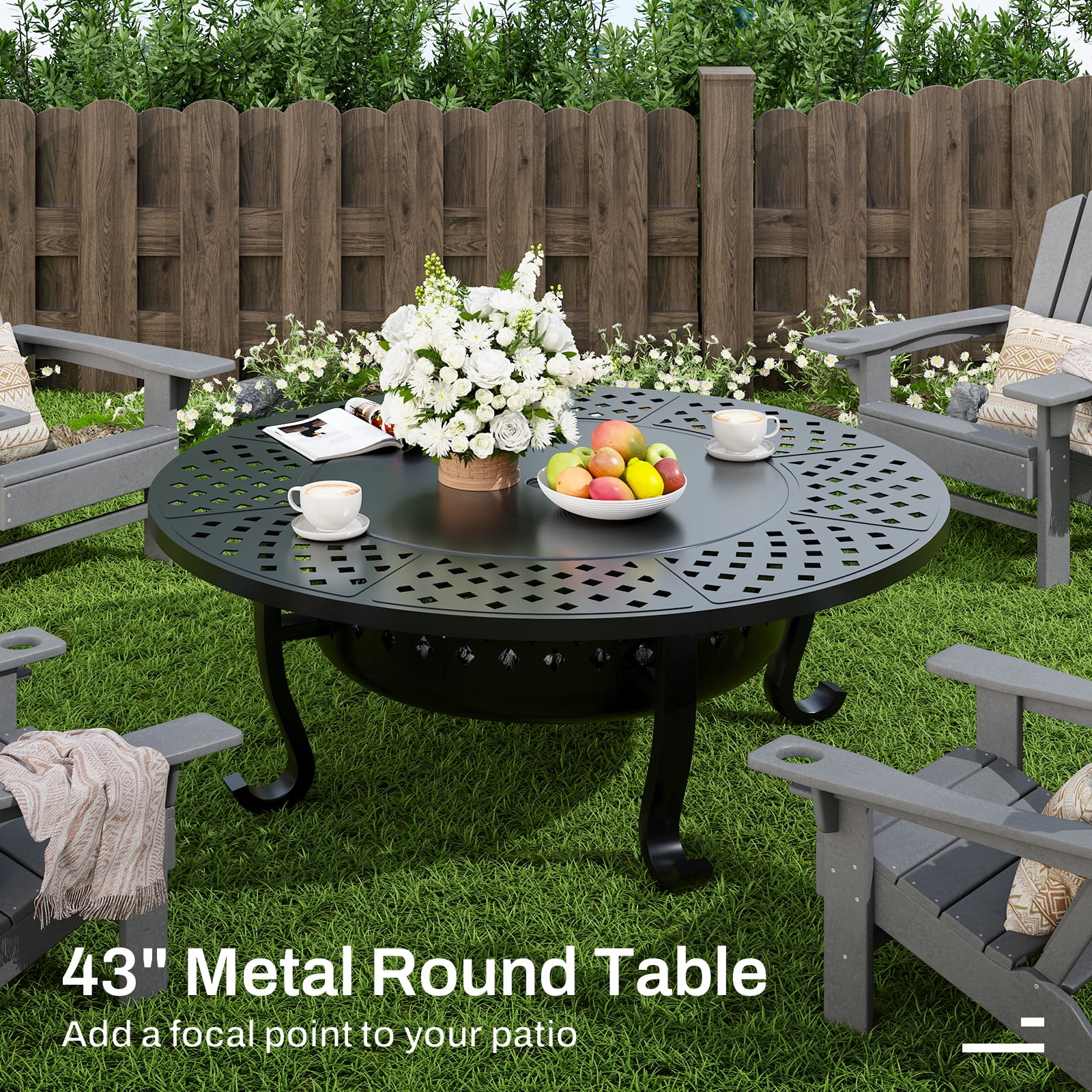 ZIENLIFE 43" Large Fire Pit with 2 Grill, Outdoor Wood Burning Firepit with Lid & Poker, Metal Round Table for Patio, Backyard, Picnic, Camping, Black