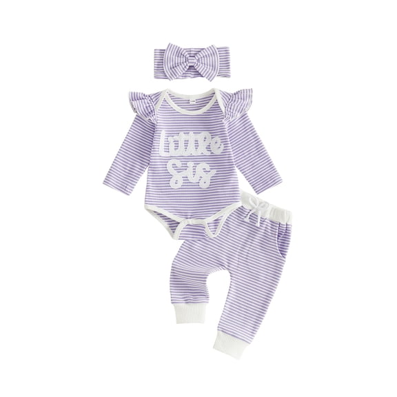 Cjfdfy Newborn Baby Girls Fall Outfit Long Sleeve Little Sister Letter Embroidery Striped Romper And Pants Headband 3-piece Set Infant Baby Girl Ruffle Ribbed Fall Winter Clothes