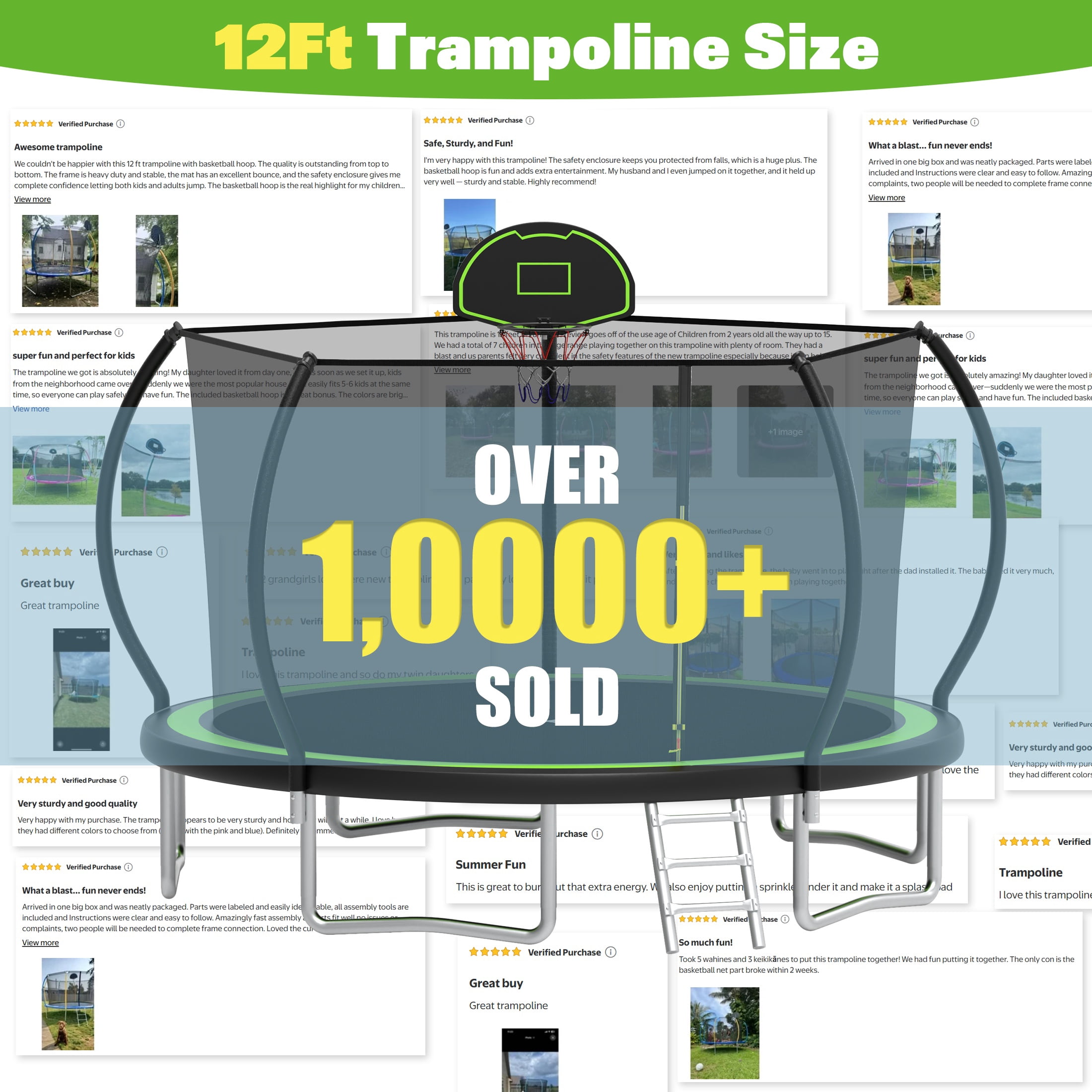 12FT Trampoline for Kids and Adults with Safe Enclosure Net, SEGMART Round Recreational Trampoline with Basketball Hoop, Upgrade Outdoor Trampoline with Ladder for Backyard Park