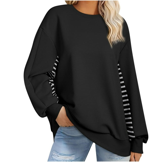 Jamicy Chandails en Molleton pour Femmes Cadeau Tendance pour Femmes Chandail en Molleton Surdimensionné 2025 Décontracté Ample à Rayures Colorblock Manches Longues Col Rond Tunique