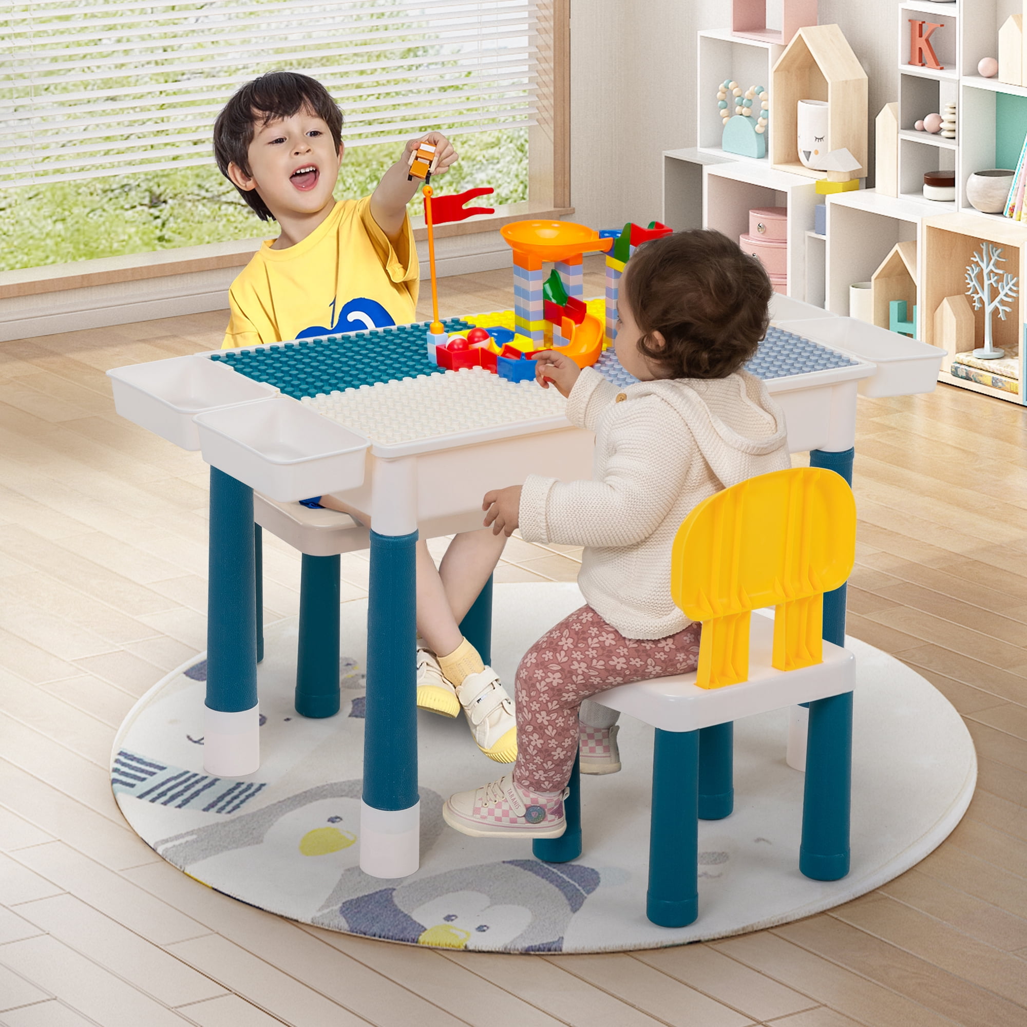 Tobbi Toddler Table and Chairs, Kids Activity Table Set with 2 Chairs, Building Block Table