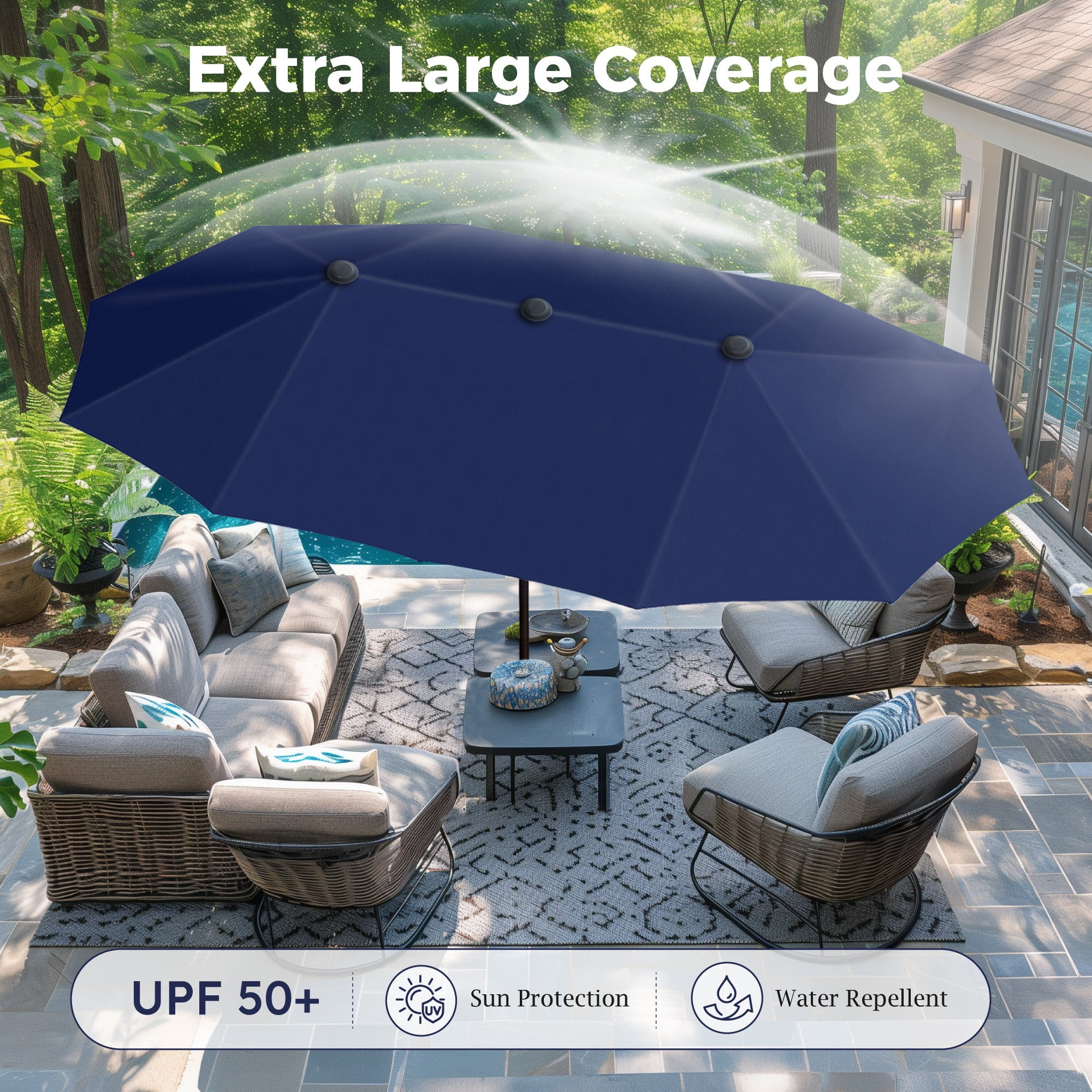 Alpha Joy 13x6.5ft Double-Sided Extra Large Outdoor Patio Market Rectangle Umbrella with Crank Handle, Navy Blue