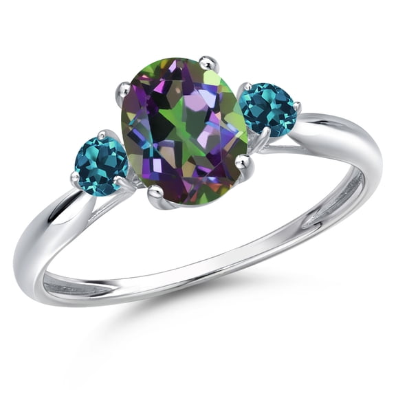 Gem Stone King 10K White Gold Green Mystic Topaz and London Blue Topaz 3-Stone Ring for Women | 1.84 Cttw | Oval 8X6MM | Gemstone November Birthstone | Size 7