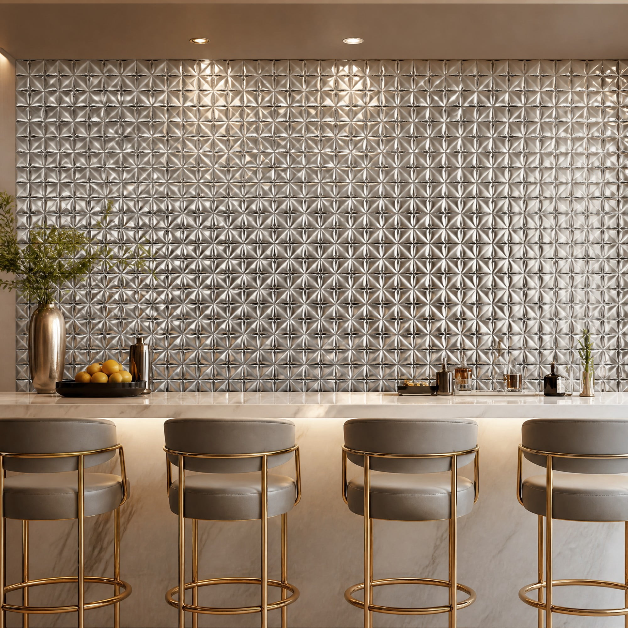 Easy4Home 5Pcs 12"x12" Metal Wall Panels Morden Mosaic Tiles for Interior Wall Decor, Silver