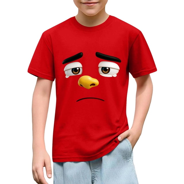 Blusas y camisas de manga corta con cuello redondo para niños y niñas, color liso, con estampado de expresión linda, manga corta, holgadas y cómodas, blusa para niña