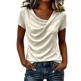 thumbnail image 4 of Ayolanni V-Neck Womens T Shirts Soft Business Solid Short Sleeve Blouse Fitted Pleated Shirts Womens Spring Tops Beige L, 4 of 5