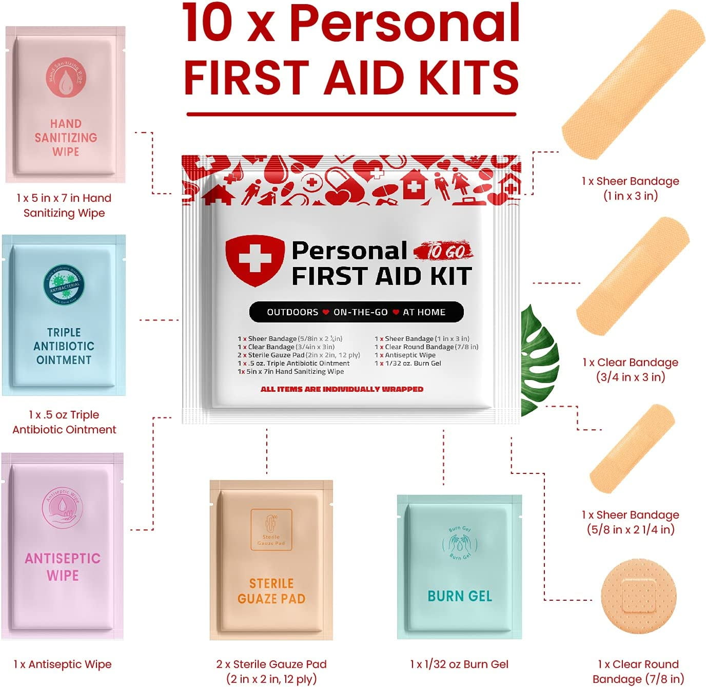 Portable Travel Size First Aid Kit - 10 Pack | Perfect for Home, Office, Car, School, Business, Travel, Hiking, Hunting, and Outdoors | Individually Wrapped First Aid Products (Red)